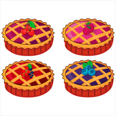 Pie illustration vector flat cartoon isolated on white background. Vector tart. Set of vector cakes. Thanksgiving desert. Homemade pie top view. 