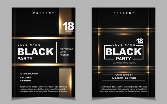 Night party music layout poster design template background with elegant black and light gold style. Luxury cover electro style vector for concert disco, club party, event flyer,  invitation nightclub