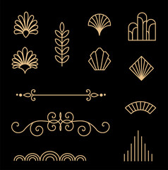 Beautiful set of Art Deco, Gatsby palmette ornates and design elements from 1920s fashion and design trends vector - 377157356