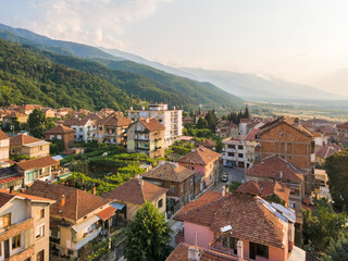 Fototapeta premium Aerial sunset view of town of Petrich, Bulgaria
