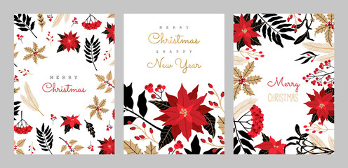 Christmas greeting cards, vertical frame with winter plants, poinsettia, rowan brunches. Invitation to a holiday party. Vector illustration in modern Scandinavian style, isolated on white background.