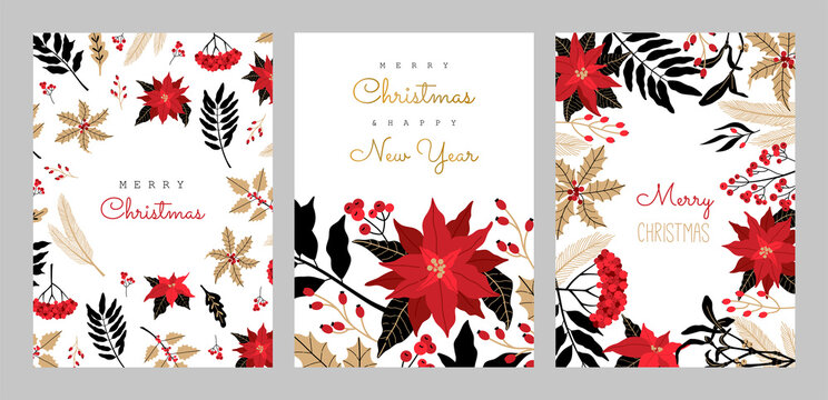 Christmas greeting cards, vertical frame with winter plants, poinsettia, rowan brunches. Invitation to a holiday party. Vector illustration in modern Scandinavian style, isolated on white background.