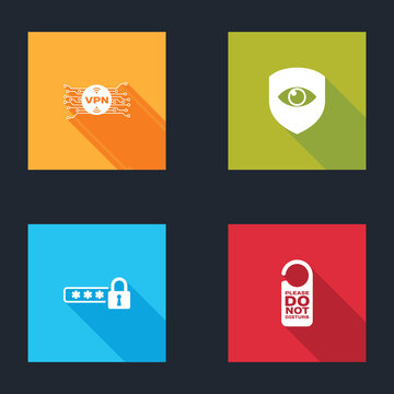 Set VPN with microchip circuit, Shield and eye, Password protection and Please do not disturb icon. Vector.