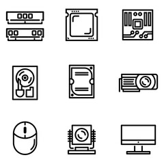 simple icon set ofComputer Hardware. PC Components. equipment for upgrade pc.