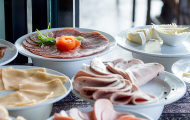 Buffet meal at a hotel,appetizer. Hotel breakfast board all you can eat buffet