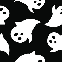 Seamless pattern with white ghosts on black background. Simple cartoon style. Cute and funny. Halloween decoration. Scary and creepy creatures. For postcards, wallpaper, textile and wrapping paper