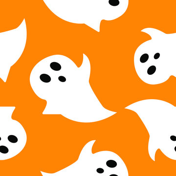 Seamless pattern with white ghosts on orange background. Simple cartoon style. Cute and funny. Halloween decoration. Scary and creepy creatures. For postcards, wallpaper, textile and wrapping paper