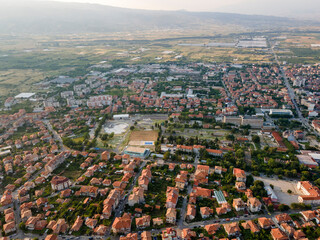 Aerial sunset view of town of Petrich, Bulgaria