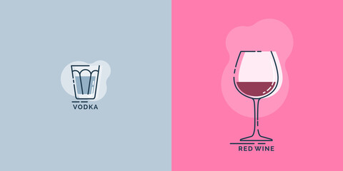 Shot vodka and wineglass red wine line art in flat style. Restaurant alcoholic illustration for celebration design. Design contour element. Beverage outline icon. Isolated on color background