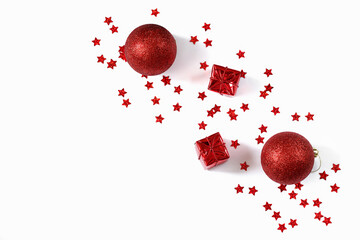 Christmas background. Preparing for the new year. Top view. New year concept. Flat composition with Christmas decorations on a white background.