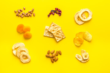 Pattern of snacks mix top view - nuts and dried fruits