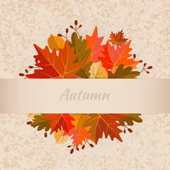 Autumn background with , oak and  leaves. Texture. Fall leaf frame. Bright banner, poster, cover design template, social media wallpaper story, autumn sale. Vector illustration.