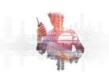 Asian engineer monitoring in oil and gas refinery plant, Double exposure engineering hand holding...