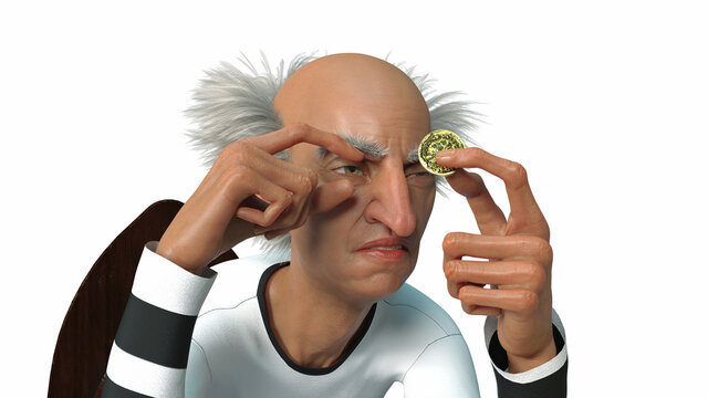 Realistic 3D render of an elderly moneylender on an isolated background, who is carefully examining a gold coin while holding it in one hand