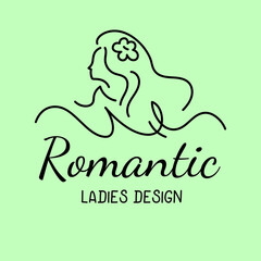 Vector beautiful illustration of woman head and inscription on green color background.