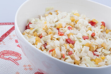 close up of a bowl of coleslaw salad.