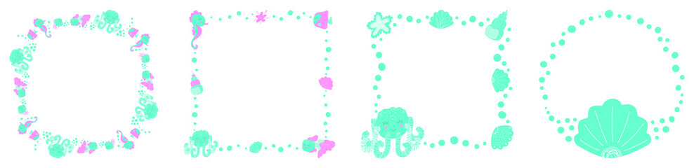 Set of 4 isolated cute baby blank round and square frames of cute cartoon fish, octopus, seahorses, shells and bubbles on a white background. For the decor of photographs, prints, posters. Vector.