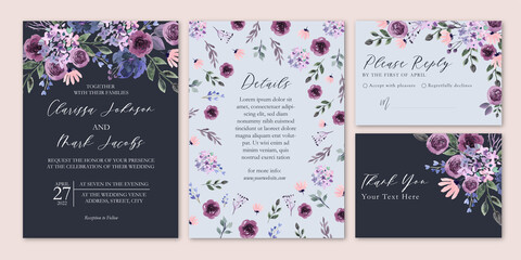 Deep Purple Elegant Floral Watercolor Wedding Invitation