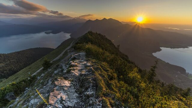 Mountain sunset, view from jochberg bavaria germany on lest side walchen see lake and right side kochel am see bavaria germany nature landscapes time lapse footage, Alps mountains sunset view.