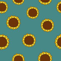 Vector seamless pattern with yellow sunflowers on a blue background. Summer pattern. Floral illustration. Natural seamless texture. For wallpaper, textiles, fabric, paper.