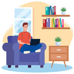 home working, freelancer young man with laptop in sofa, working from home in relaxed pace, convenient workplace vector illustration design