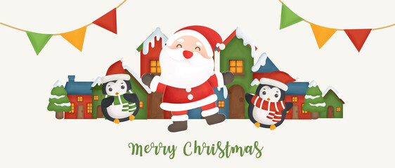 Happy Christmas banner with Santa clause and penguinsin the snow village.