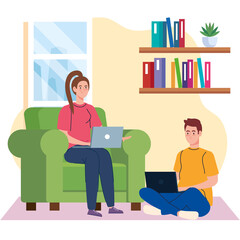 home working, freelancer young couple with laptops in living room, working from home in relaxed pace, convenient workplace vector illustration design