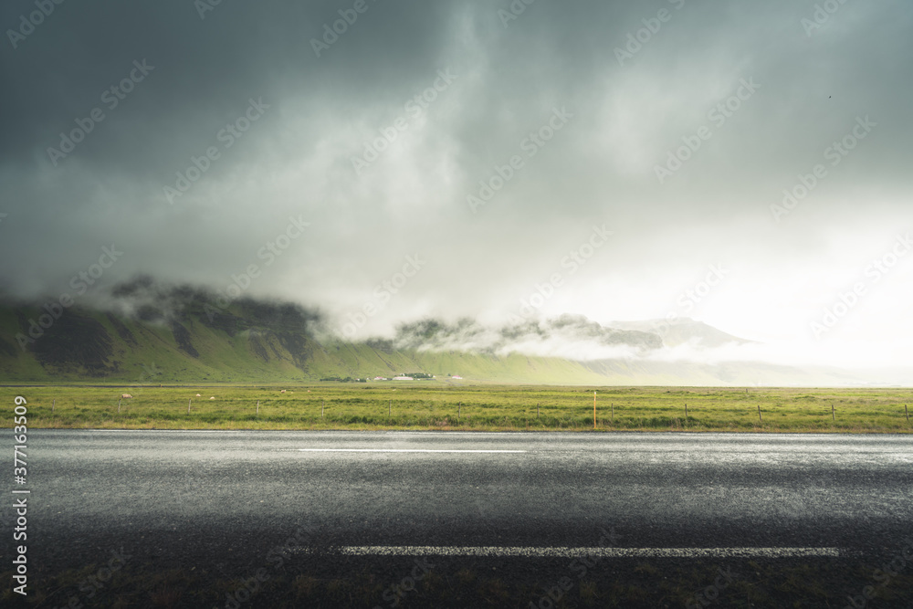 Sticker icelandic landscape with asphalt road