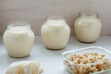 Jars with freshly made soy milk and glass dish with soy pulp okara left after preparing homemade...