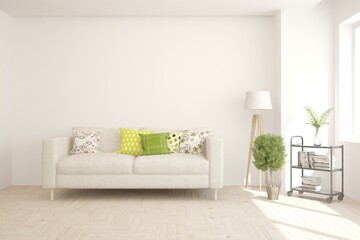 White living room with sofa. Scandinavian interior design. 3D illustration