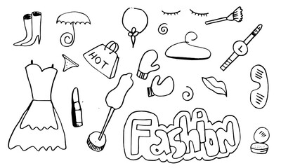 Set of fashion hand drawn doodle icons. Female clothing and accessories.