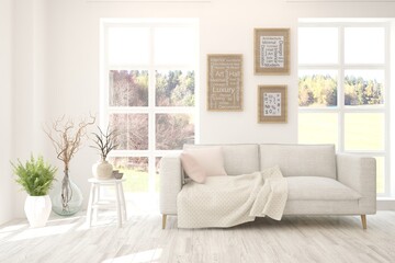 Stylish room in white color with sofa and autumn landscape in window. Scandinavian interior design. 3D illustration