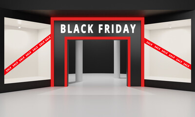 Black Friday sale mock up design at front Shopping Mall, 3D Rendering - 377163704