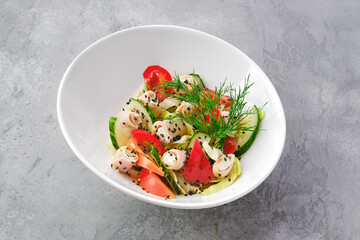Salad with ham, cheese, tomato, pepper, cucumber and sesame
