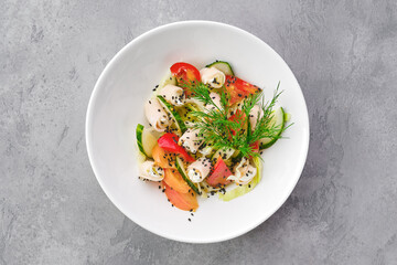 Salad with ham, cheese, tomato, pepper, cucumber and sesame