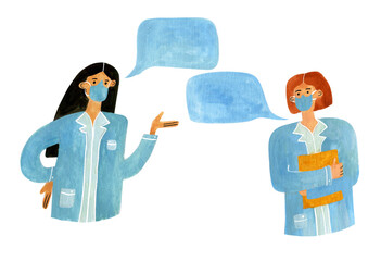 Hand-drawn gouache illustration of two talking doctors. Cartoon colorful medical workers isolated on the white background.