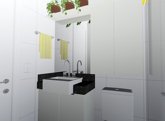 a modern bathroom with mirror and cabinet