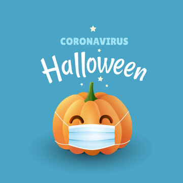 Coronavirus Halloween illustration. Cute pumplin wearing face mask for protection from flu and virus. - Vector