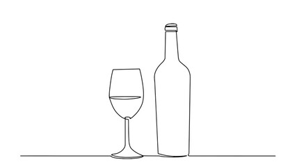 Wine one line sketch. Wineglass outline vector icon. Continuous one line drawn a bottle of wine and a glass. Linear style sign for mobile concept and web design. Symbol, logo illustration