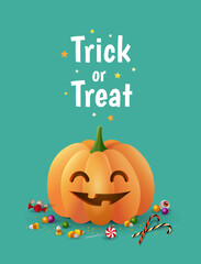 Halloween smiling funny orange pumpkin illustration with sweets and candies on green background. Trick or treat. - Vector