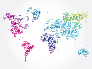 Fototapeta na wymiar Manners word cloud in shape of world map, concept background