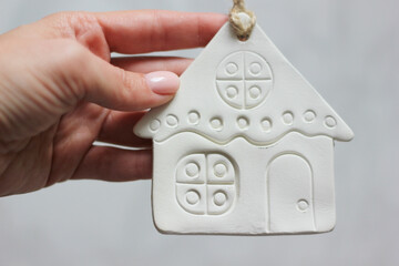 decoration in the form of a house made of air-dry white clay, hand made, wall hanging, housewarming gift, moving to a new house, a memorable gift
