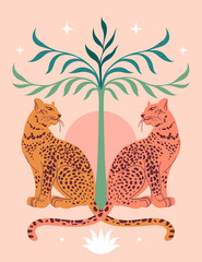 Cute Leopards, Sun, palm tree. Modern abstract art. Boho style. Mid Century print. Cosmic minimalistic scene. Protect wild animals poster. Magic concept. Vintage inspired art нтернета © Mystery Kit