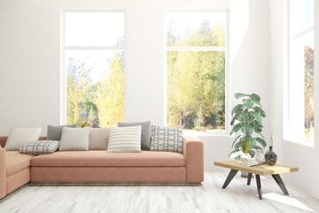 White living room with sofa. Scandinavian interior design. 3D illustration