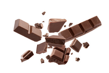 Milk chocolate explosion, pieces shattering on white background