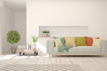 White living room with sofa. Scandinavian interior design. 3D illustration