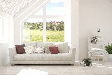 White living room with sofa and summer landscape in window. Scandinavian interior design. 3D illustration