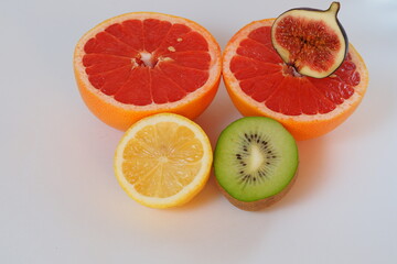 set of fruit cut in half. Exotic fruit.