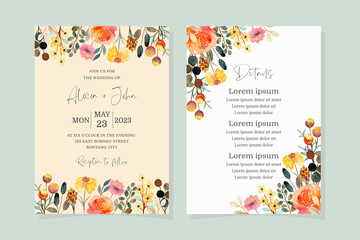 Wedding invitation card with yellow floral watercolor