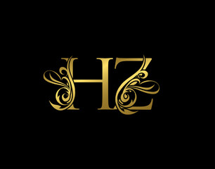 Gold H, Z and HZ Luxury Letter Logo Icon. Graceful royal style. Luxury alphabet arts logo.